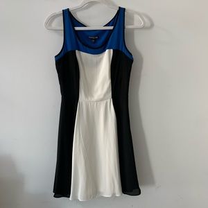 Express - Blue/Black/White Colorblock Fit-and-Flare Dress (Size 0)